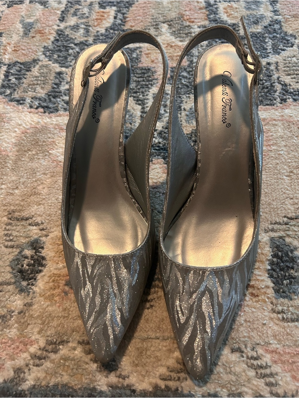 Valenti Franco Silver Glitter Slingback Pumps with Subtle Zebra Pattern